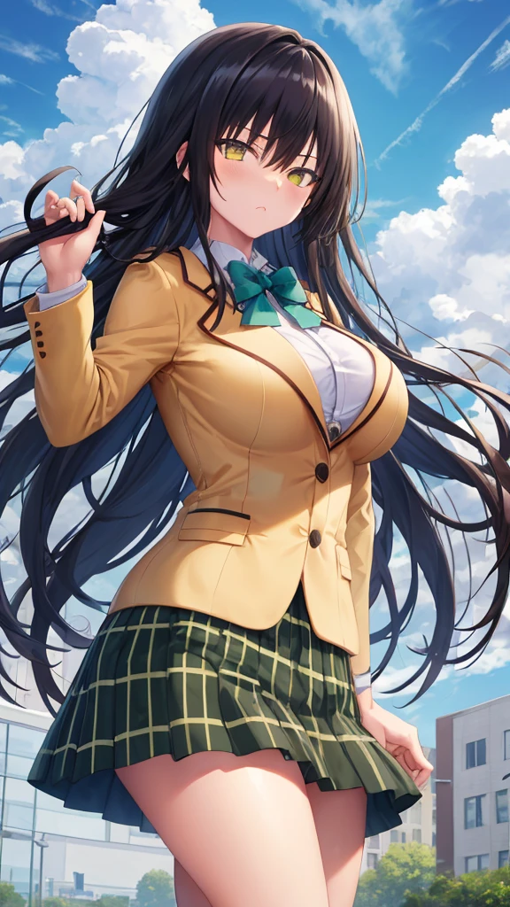 masterpiece, best quality, defYui, yellow blazer, long sleeves, green bowtie, plaid skirt, large breasts, furrowed brow, looking at viewer, blue sky, clouds, 