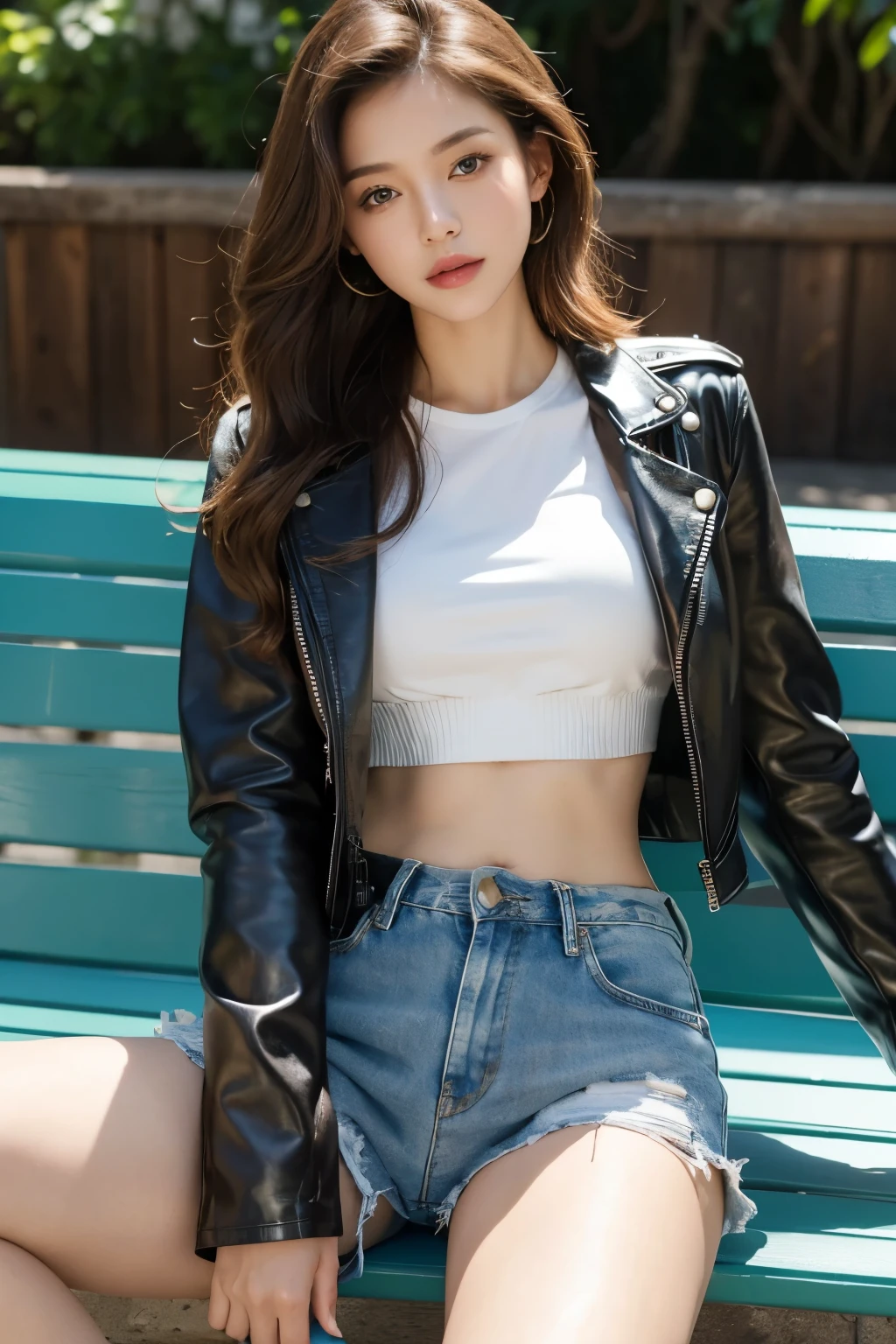 Capture the essence of moody noir with this realistic high-resolution image of a mature Asian woman standing confidently on a street. Her bold makeup and beautiful brunette hair add to her allure, complemented by a bright turtleneck, denim skirt, and a leather jacket that exude a chic urban vibe. She exudes a sense of depraved sophistication, highlighted by her exposed cleavage and long legs encased in stockings. The muted colors and muffled light create a moody atmosphere, enhancing the overall aesthetic. The full-body photo captures her perfect figure, super fine face, and captivating eyes, making it a true masterpiece.