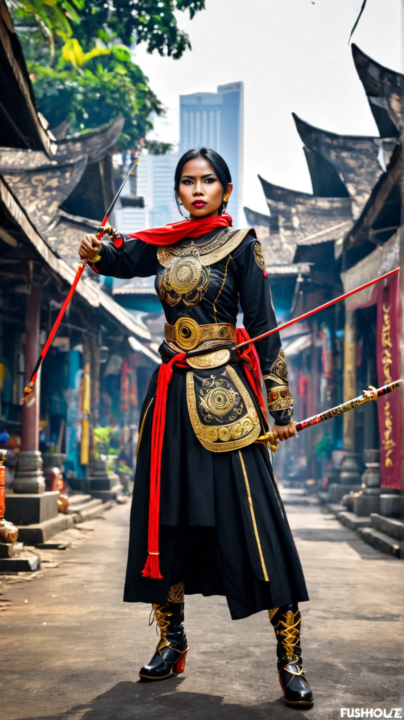 Indonesian woman in black archer assasin warrior traditional costume with traditional indonesian ornament, standing bravely and has a golden logo that symbol "WP", black boots, with red scarf slayer in a science fiction style. HD, 8k, vivid colors, HDR effect, color palette, photo, 3D render, vibrant, portrait photography low angle, ghost town, with no bodies around in the background, milenium cityscape of jakarta.