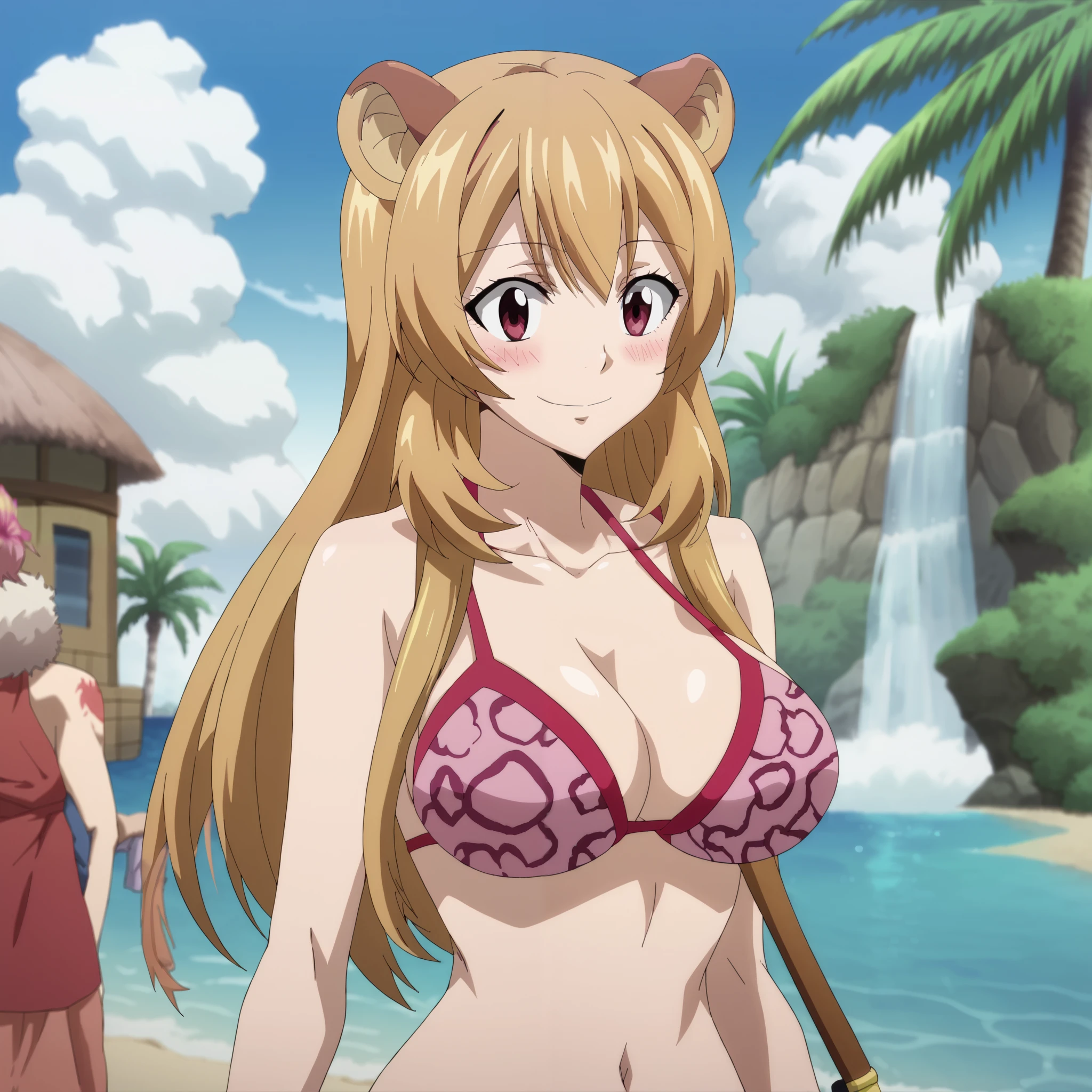 raphtalia , 25 years, orangeblond hair, Detailed ruby red eyes, bear ears, happy smile, blush, big breasts, Pink bikini with leopard design, She is walking alone on a paradise beach.