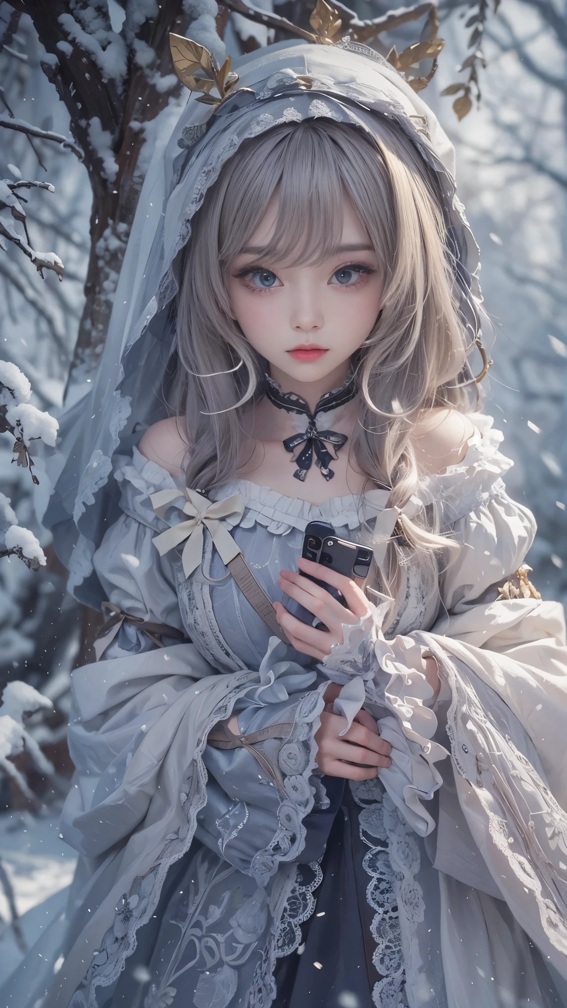 （8k，RAW photos， Best quality， masterpiece：1.2），（Realistically， Shoot real：1.4)，hide your face from sadness，
Lolita clothing，Lace， Iris Gainsborough， Upper part of the body，thigh，Lace， underwear，Expose bare shoulders， external， (external，Covered with snow，cloak，) high quality， Adobe Lightroom， High Detail Skin， Looking at the audience，