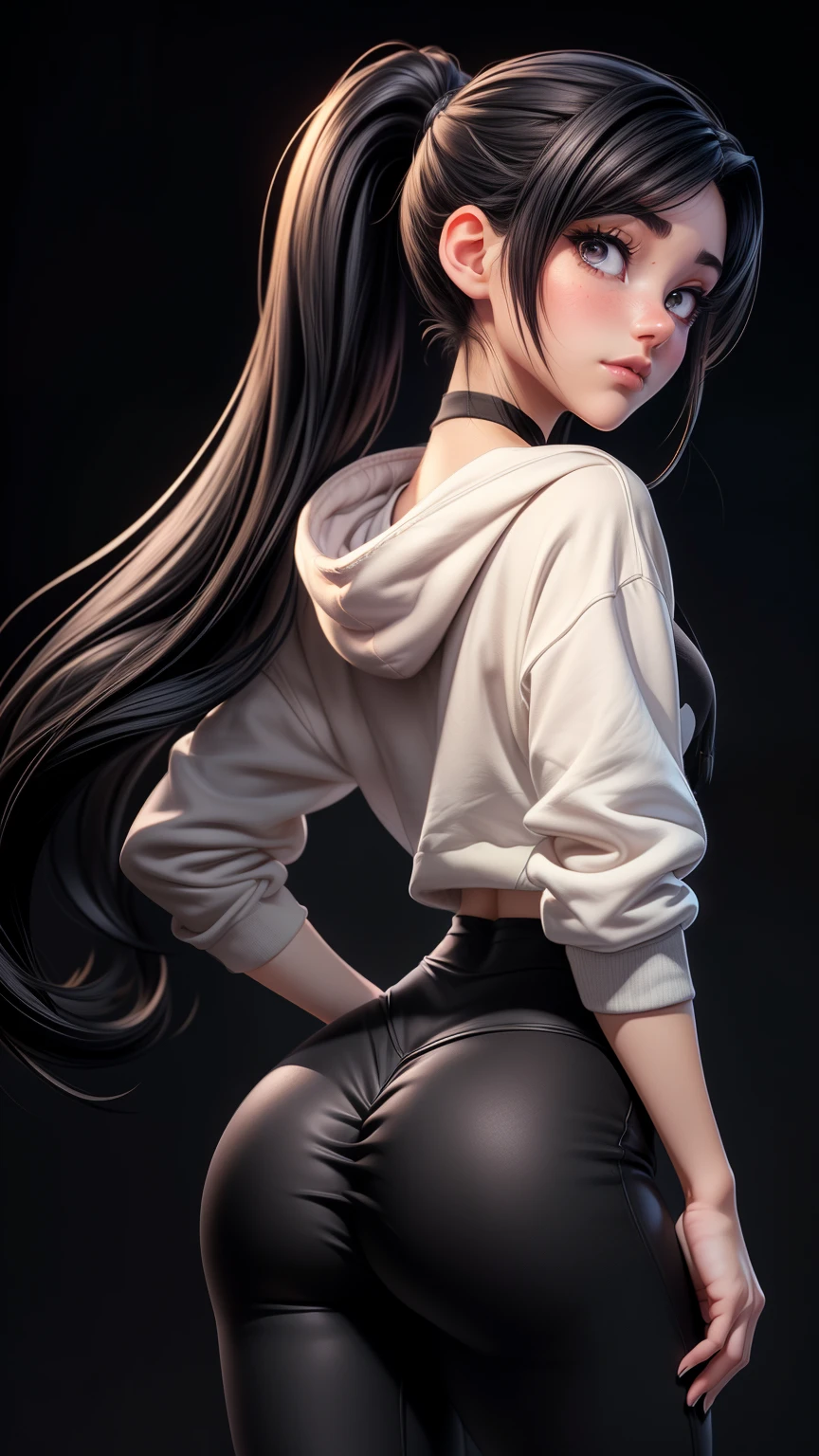 (anime art of A 28-Year-Old girl with long black hair and dark eyes. She has a plain oversized hoodie on with a pair of black leggings on. Behind her is a black backdrop:1.2), masterpiece, 4k, best quality, anime art, butt shot. ponytail hairstyle.