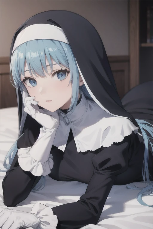 masterpiece, best quality, outdoors, field, grass, forest,
1girl, solo, looking at viewer, lying, on back, breasts, blue hair, blue eyes, very long hair, wavy hair, large breasts, long sleeves, hair between eyes, eyes visible through hair, nun, habit, nun, habit, dress, black dress, long dress, catholic, hands on own chest, 
<lora:Concept_Nun:1>,