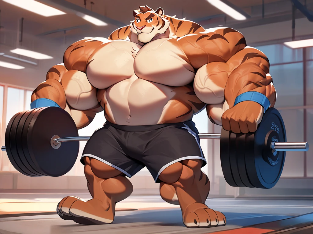 huge hyper muscular tiger tony in the gym,  large grr , tiger tony,  huge brown skin , thick arm, ,  huge white fur , thick arm, ,  added brown mustache ,  added brown beard ,  short hair, Height: 35050cm, Weight: 1450lbs ,height: 300000t ( bulky muscular veins , pectoral, wide pectoral,  thick and bulky arms ),  Walt Disney 2D Zootopia Animation Art Style, detailed light brown eyebrows,  detailed eyes with red pupils , (jacket blue, wearing black shorts, blue wristband, ShirtleSS,  shirtless and feet,),  bouncing your pectorals ,  flexing your biceps and chest, weightlifting the truck 