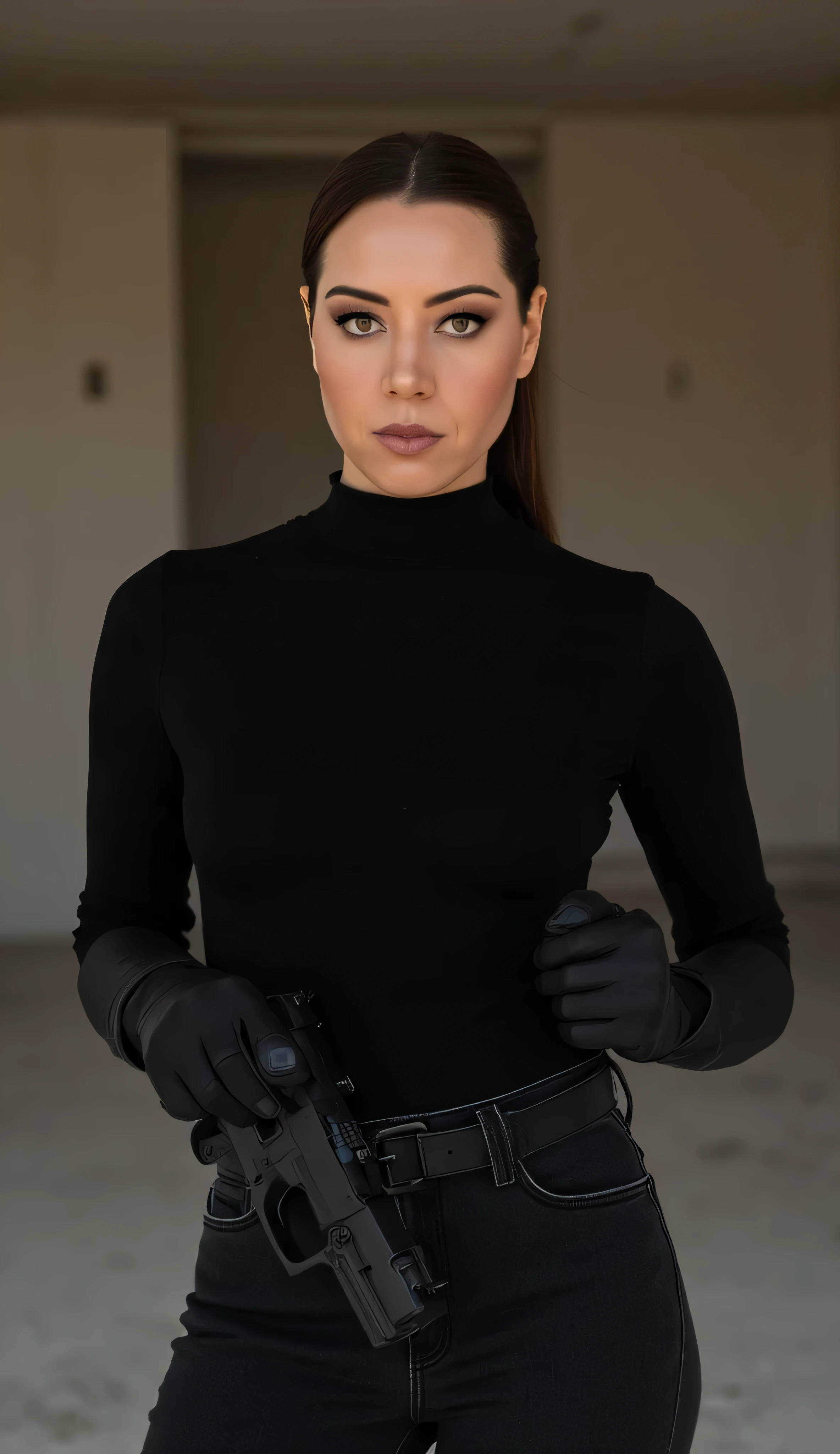 beautiful detailed photograph, confident female, serious determined expression, black turtleneck, tactical black gloves, dark jeans, belt, professional stylish aura, modern black handgun in the holster on waist, hair neatly tied back in a low ponytail, unfinished building background, neutral tone, cinematic, sharp details, dramatic lighting