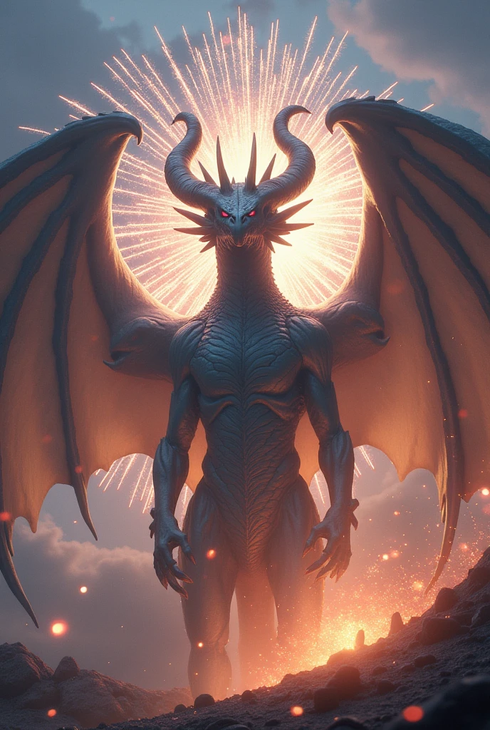 Dramatic fantasy scene featuring a large, menacing dragon with dark, scaly skin and massive, outstretched wings. The dragon is flying over a burning city, with flames and smoke rising from the buildings below. The background is dominated by a dark, cloudy sky with a bright, fiery glow near the horizon, suggesting a setting sun or intense fire. The cityscape includes gothic-style architecture with tall spires and intricate details. The overall color palette is dark and ominous, with deep reds, oranges, and blacks creating a sense of destruction and chaos. super detail, high details, highres, 4K