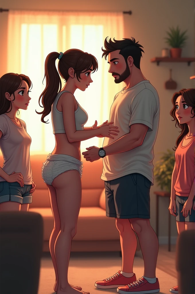 a man fucks a girl doggystyle, and a stands in the doorway with a teddy bear in her hands and looks at it in anime style