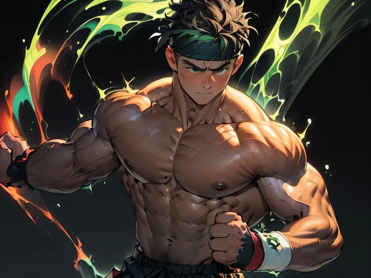 ((masterpiece, best quality, stalwart, (Depth of field:1.2))), (((((black background, deep night, upper body, side shot:1.2, dynamic angle))))), (worm green eyes, Young boy, muscler, Shirtless, topless), ((((1boy, solo:1.2, flesh, tough, reliable, developed body)))), (Dark Short straight hair, green eyes, ((almost completely shaved hair)), under cut), (((red headband, wristband, black trouser dougi))), Vivid colors, ((big breast, big abs, big shoulder, muscular body, sturdy body, defined round and fleshy pecs, defined round and fleshy ABS, defined round and fleshy armsmuscular, well-defined muscles, shouldermuscler)), muscler!, muscler body, detailed face, detailed muscle, (((rippling muscles, Flowing energy, wearing wind to emphasize the power of his aura. Highlight his aura, blue and green aura effect, wearing energy stream, charge aura energy his right arm, Imposing, (fight, fighting, agressive, action, punching, kicking, upper cut))))