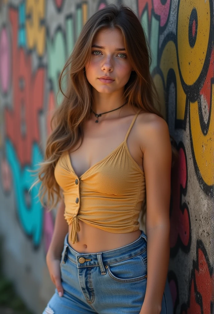 Photo of a teenage girl in skater fashion and her slutty female friends. Everyone is wearing a tank top, they all have huge breasts, graffiti 