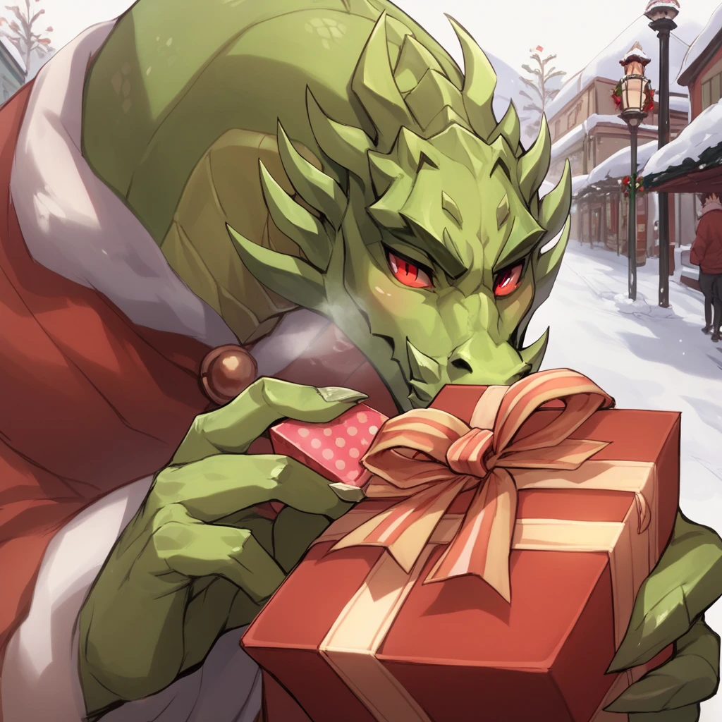 1man, Solo, Shendu standing at the street and looking at the viewers, reptile, scale, Red Eyes, Heavy Breathing, Close-Up, Image Fill, Illustration, green skin holiday Christmas, snow, holding a present