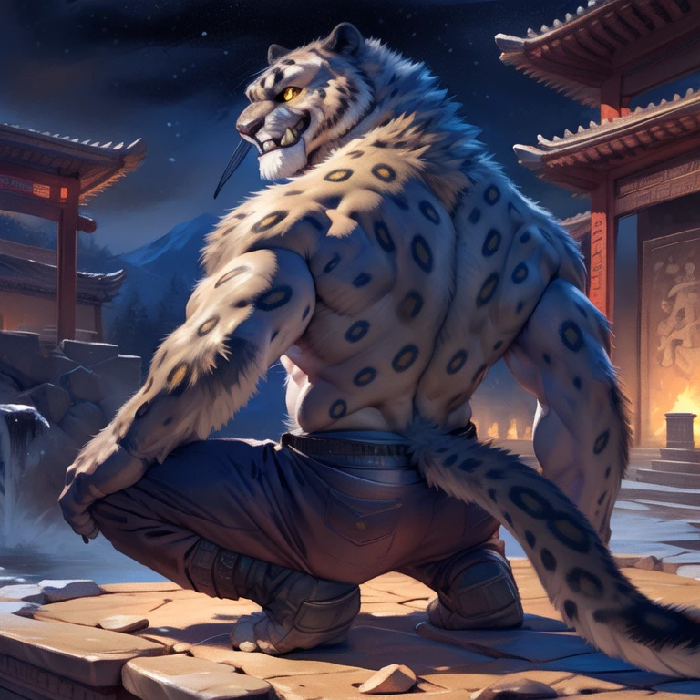 (by taran fiddler), (by darkgem:0.8), (by chunie:1), masterpiece, grey fur, nipples, navel, portrait, seductive, looking at viewer, smile, grin, teeth, (tailung:1.2), snow leopard, (gold eyes), detailed eyes, male, solo, anthro, crouched on fountain, (looking back), (detailed temple background), Chinese temple, (night), (Purple shorts)