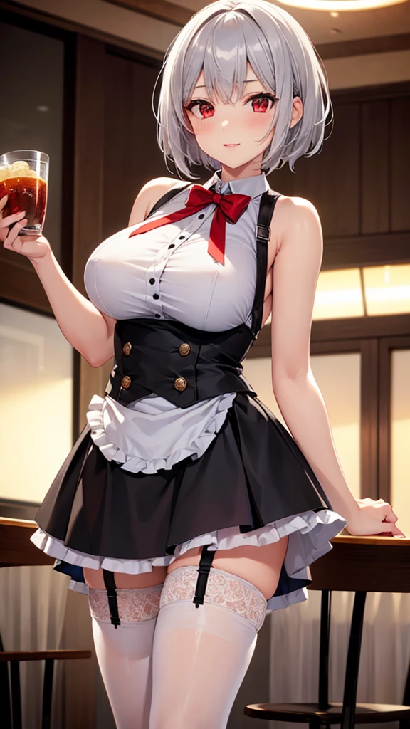 (Highest quality, masterpiece), (Ultra-high resolution, 8k RAW photos, Photorealistic:1.5, Cinema Lighting, Fabric Shading, Thin contours, Clear focus:1.2), Beautiful mature woman making tea_Garden party, Standing by the round table, Serve tea, Leaning forward, (Meisen tea set, you can, Tea cup, Some cakes on a plate), Delicate and elegant Roman style white table with gold accents and royal decorations_green, Light wear_茶色のMaid clothes, Cleavage, Maid clothes:1.2, Long Flared Skirt, apron, Bow tie on chest, Tall Sally, Long legs, Gray Hair, (Wearing thin glasses:1.2), (Mature Woman:1.5, 28 years old, alone), (Large Breasts, Saggy breasts, big , Tight waist), (medium short Gray Hair, Hair on one eye, (Updo:1.2), Side Lock, Asymmetrical Hair, Wavy Hair), (Bright Eyes, Fine eyes with highlights, A face with attention to detail, perfect face shape, Bloodshot eyes), (A seductive smile, Half-close your eyes:1.2), (Looking at the audience:1.3), (Dutch Angle, whole body, From below:1.2), ((Correct Anatomy:1.5, The right move)), (Ideal body proportions), (Outdoor:1.2, grassland),