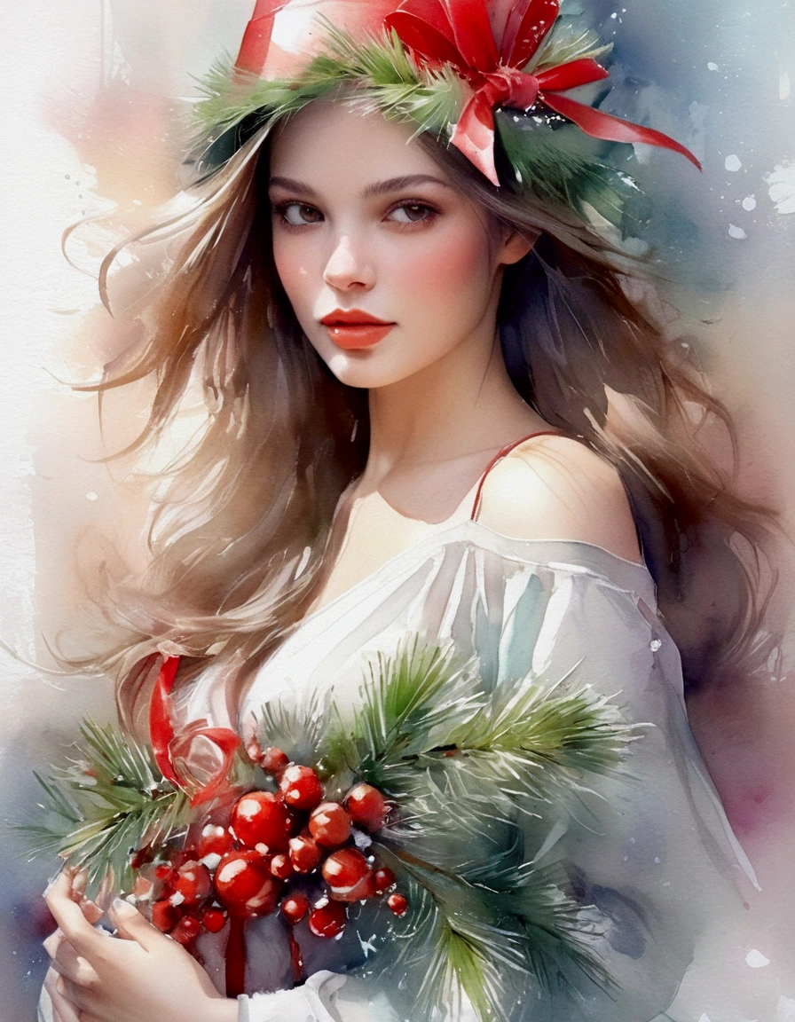 Merry Christmas greetings, the words "Merry Christmas & Happy New Year" are displayed. woman model in a Santa Claus costume, Horizontal fringe hair, super cute. Christmas advertisement, high-end fashion illustration, magazine illustration, watercolor illustration style, Christmas decorations, Christmas Background, Iridescent pastel tones, (tachisme), beauty, fir branches and ornaments, colorful illustration, feminine expression, fashion illustration, created by an illustrator. Willem Haenraets Style, oil and watercolor painting. oil painting