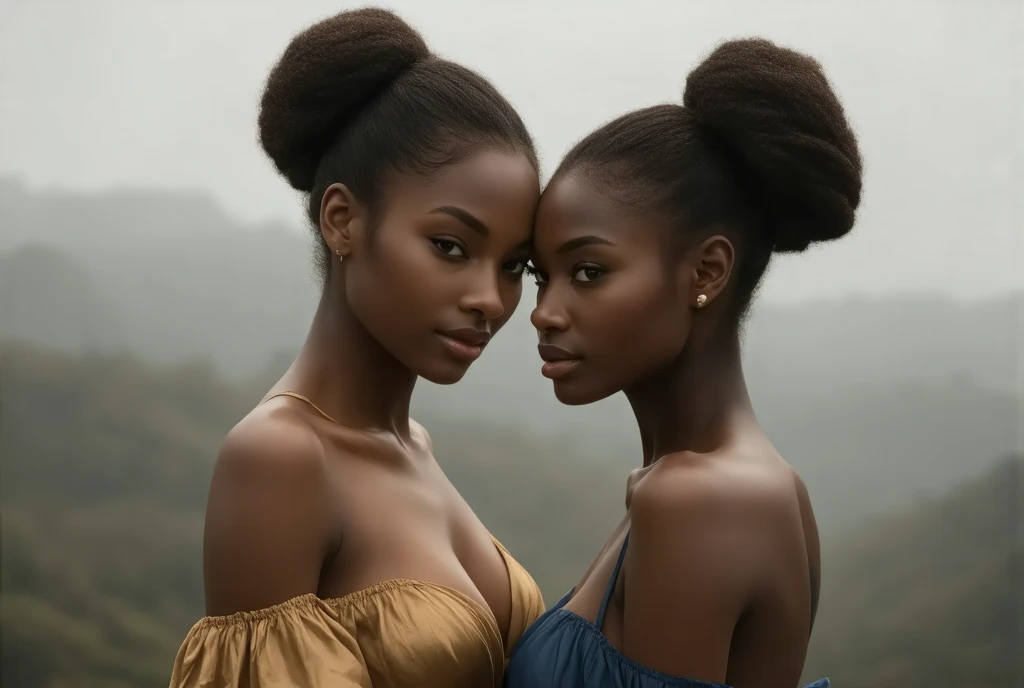 un portrait détaillé de deux belles jeunes filles à la peau foncée, tres noire comme Ajak Deng, coiffure en chignon, girls hugging each other from above view, a girl whispering into a girls, ear from behind, southern, redhead and blonde hair, sharp facial features, (((gigantic breasts:1.3))), massive cleavage, middle age gold ans blue dress, bokeh, ethereal, in the background a beautiful brumey landscape, Brouillard, vapeur,