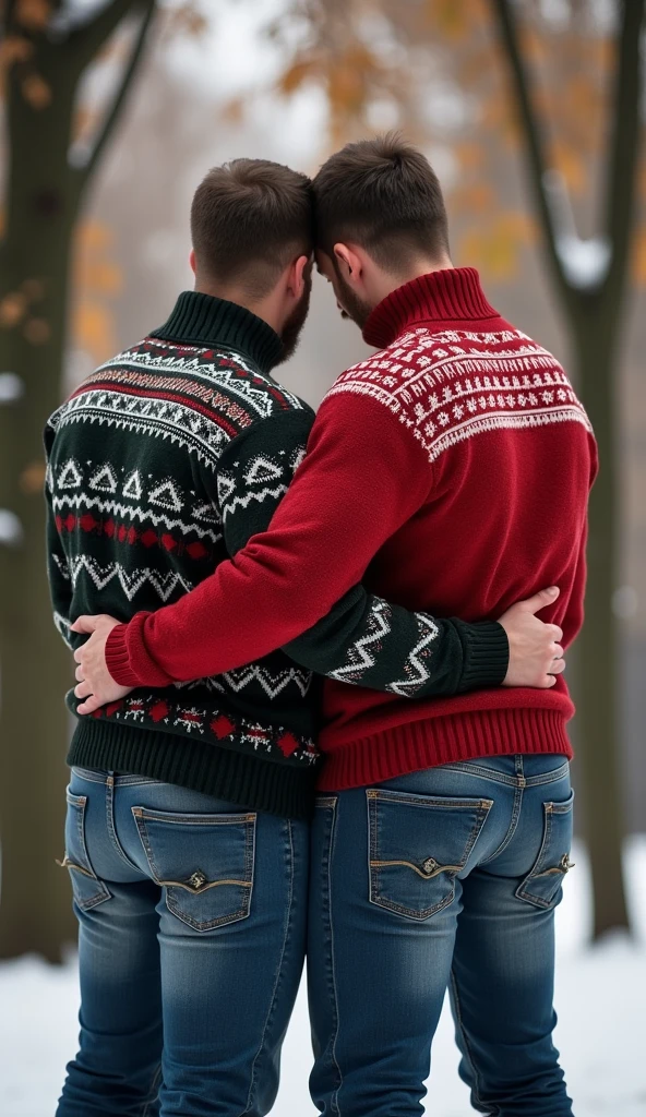 Realistic espectacular dos hombres handsome y musculosos, fornidos en jeans   big buttocks , In Christmas sweater  ,   Masterpiece, hugged,   big buttocks ,piernas musculosas, grandes nalgas handsome, real ,  a man with a jacket and the other with a sweater, close up, en un parque 