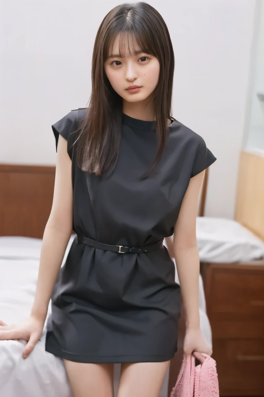 Highest quality,masterpiece,Ultra-high resolution,(Actual:1.4),Ultra-high resolution,8k,There are a women ,(head size:0.2),(Body slimness:0.5) ,She closes her eyes。 open her mouth 、(She is in a state of sexual arousal:1.2)、 Fair skin, Long legs:1.5,high waist、 She is wearing black dresses。 Is it backlit 、 semi-backlit photo 、 Inside a Dim Room 、She running her fingers through her hair. Photo from the thigh up、
