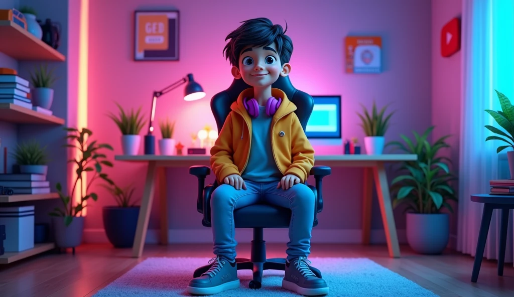 Creat a 3d logo of 10 class study background sit chair a hot boy with study in her gaming rome up side in background write study of class 10 logo of study 10 class