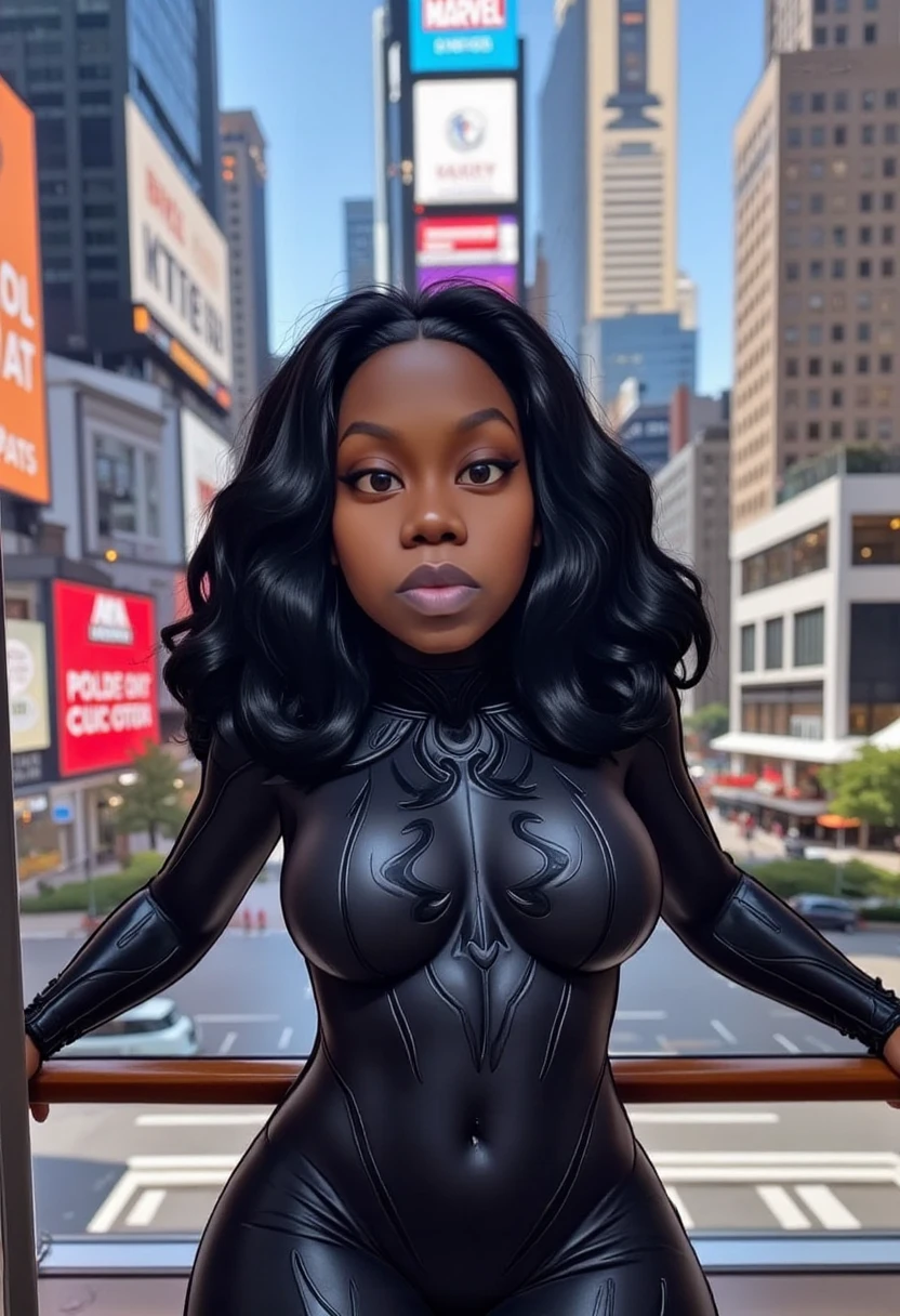 Destini in New York City, (New York: 1.5), (time square: 1.4),Destini as Venom black female character 27 years old, Black Body: When the symbiote fuses with a host, it usually covers the host's body entirely, creating a black and super shiny appearance.
White Eyes: Venom has large, white eyes, often with thin, sharp pupils. These white eyes are a distinguishing feature of the character.
Large, Sharp Jaws: Venom has a mouth full of large, sharp jaws, allowing him to bite and attack his enemies with ferocity.
Long Tongue: Venom has an extremely long and prehensile tongue, which he uses to capture prey or attack enemies from a distance.
Authentic background, (photorealistic: 1.4), (realism: 1.5), (Realisitc: 1.5), (Absurdity: 1.4), 8k, ultra-detailed, detailed, (Viewer facing: 1.2), (bright sunny day: 1.5) , Intricate body details, (One:1.4 only), (Viewer facing:1.3), HD4