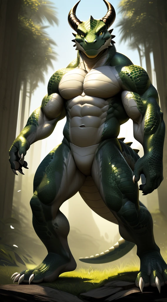 ((nj5furry, solo, full body perspective, masterpiece, chest level shot, standing, calm expression, (anthro), looking at viewer, high resolution, 4K, photorealistic)), male, adult, ((lizard-face, detailed scales, extremely detailed, short-length horns, muscled body, four toes, clawed toes, two-tone scales, medium-length tail, green and grey body)), gold eyes, high contrast, dynamic composition, swamp background, daylight, (clawed hands, white claws) big body, big muscle, big butt.