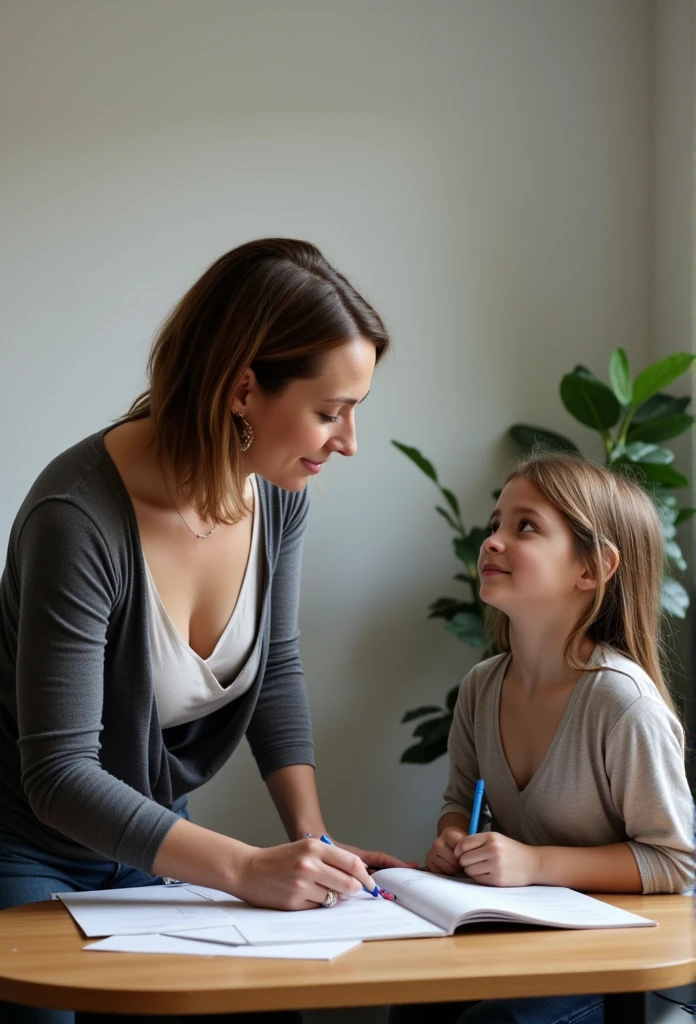 Dutch female Teacher is bending over a desk to explain something to girl, girl is staring at the gigantic breasts of the teacher, teacher is wearing a low cut top and has a lot of cleavage, girl is wearing a baggy top and has pokies, staring at breasts, gigantisch breasts