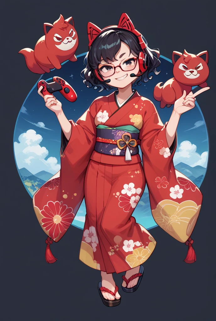 Japanese woman, one person, black wavy hair, semi-short hair, wearing glasses, Front facing, gaming headset, full body image, dark red Japanese-kimono, icon, smug face, 