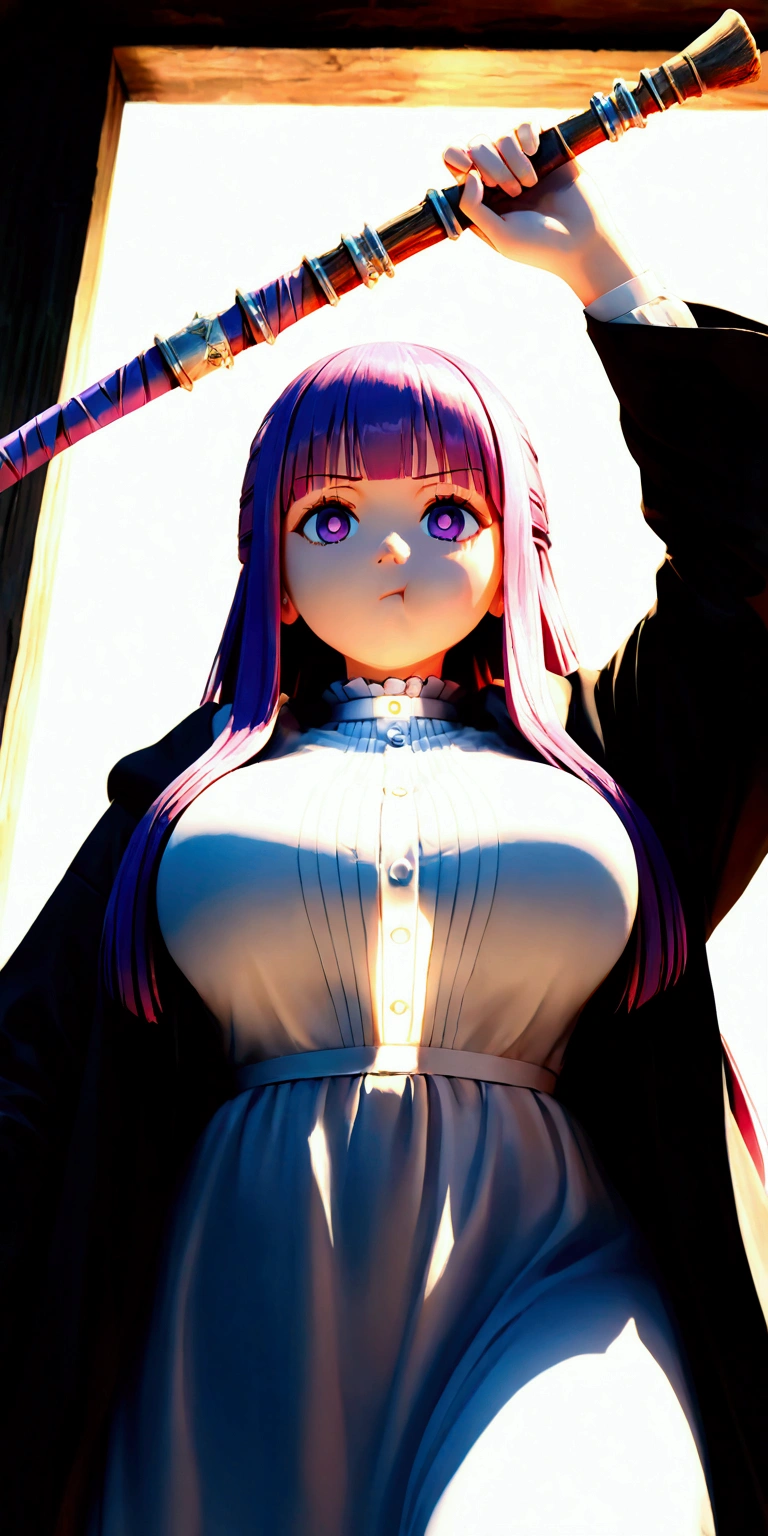 
solo,1girl,fern\(sousou no frieren\),long hair,purple eyes,purple hair,holding wand,bangs,long sleeves,white dress,shirt,wide sleeves, nurefpnxl, breasts,white dress, black coat,:t, pout.3d,(from below),close up of face,forrest,Open space. BREAK .quality\(8k,wallpaper of extremely detailed CG unit, high resolution, top-quality, top-quality real texture skin, hyper realistic, increase the resolution, RAW photos, best quality, highly detailed, the wallpaper, golden ratio, high saturation realism, vibrant colors, dramatic lighting, persuasive storytelling, atmospheric scenery, captivating visuals, intricate details, strong emotions, dreamlike world\)