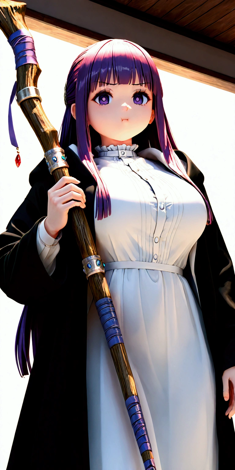 masterpiece, best quality, highres, 1girl, witch hat cape blue skirt black thighhighs boots detached sleeves wide sleeves squatting, from side, looking at viewer, holding wand, Large breasts, thick thighs, curvy hips 