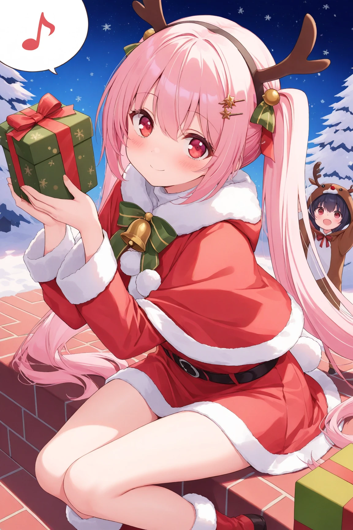 1girl,cute,kawaii,cool,pink hair,long hair,beautiful red eyes,(reindeer costume),brown clothes,fur trim,neck bell,holding gift,bokhe,Christmas,spoken musical note,background,((4k,8k,Ultra HD)),((Masterpiece :1.2)),((Best quality :1.2)),((Detailed :1.5)),absurdres,8K,Official art,(Merry Christmas),