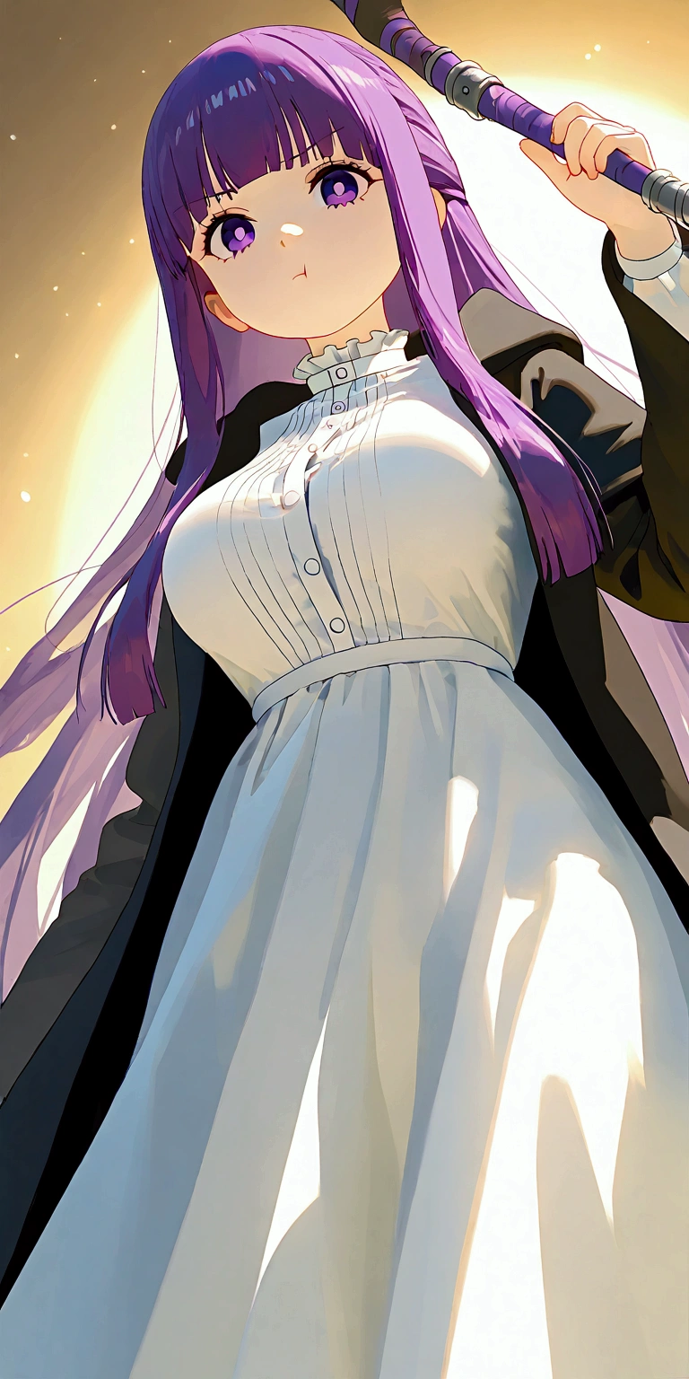 solo,1girl,fern\(sousou no frieren\),long hair,purple eyes,purple hair,holding wand,bangs,long sleeves,white dress,shirt,wide sleeves, nurefpnxl, breasts,white dress, black coat,:t, pout.3d,(from below),close up of face,forrest,Open space. BREAK .quality\(8k,wallpaper of extremely detailed CG unit, high resolution, top-quality, top-quality real texture skin, hyper realistic, increase the resolution, RAW photos, best quality, highly detailed, the wallpaper, golden ratio, high saturation realism, vibrant colors, dramatic lighting, persuasive storytelling, atmospheric scenery, captivating visuals, intricate details, strong emotions, dreamlike world\)