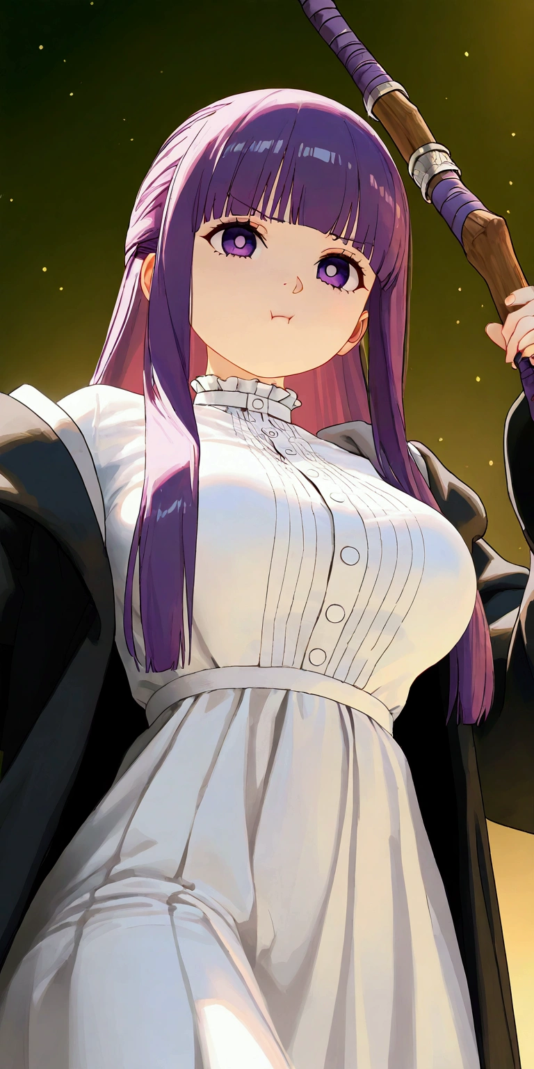 solo,1girl,fern\(sousou no frieren\),long hair,purple eyes,purple hair,holding wand,bangs,long sleeves,white dress,shirt,wide sleeves, nurefpnxl, breasts,white dress, black coat,:t, pout.3d,(from below),close up of face,forrest,Open space. BREAK .quality\(8k,wallpaper of extremely detailed CG unit, high resolution, top-quality, top-quality real texture skin, hyper realistic, increase the resolution, RAW photos, best quality, highly detailed, the wallpaper, golden ratio, high saturation realism, vibrant colors, dramatic lighting, persuasive storytelling, atmospheric scenery, captivating visuals, intricate details, strong emotions, dreamlike world\)