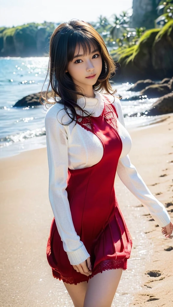 ulzzang-6500-v1.1, (RAW photo: 1.2), (Real photo), (Real photo: 1.4), 1 girl、Perfect anatomy、1、Looking at the camera、Medium length hair、red dress, red skirt, Dancing by the campfire on the beach at night, with stars, ((by the beach at night: 1.1))、(Business service)、Asian eyes Ella,