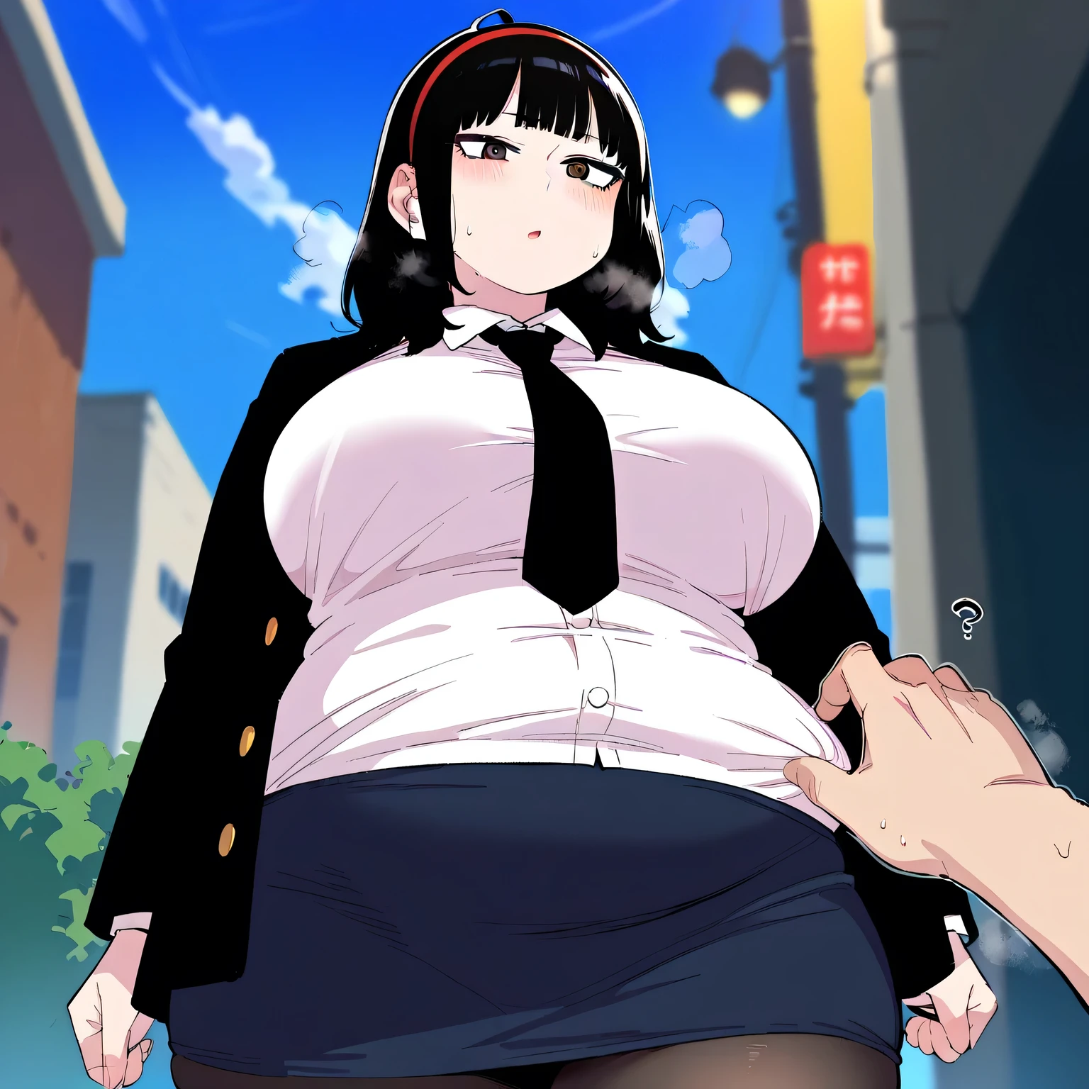 score_9, score_8_up, score_7_up, score_6_up, source_anime, rating_explicit, 1girl, solo, huge breasts, black hair, grey eyes, black eyes, medium hair, red hairband, blunt bangs, black necktie, black jacket, collared shirt, white shirt, pencil skirt, black skirt, black pantyhose, expressionless, Narrow shoulders, heavy breathing, steaming body, street, outdoors, looking at viewer bulging belly, fat, chubby, obese, open mouth, out of breath, absurdres, highres icon, rating:General, confused, blush, {flustered}, nervous sweating, portrait, pov hands, hand on another's belly, averting eyes, [looking away], straight-on, from below, swollen face, masterpiece, best quality, ultra-detailed, high resolution, 8K, 