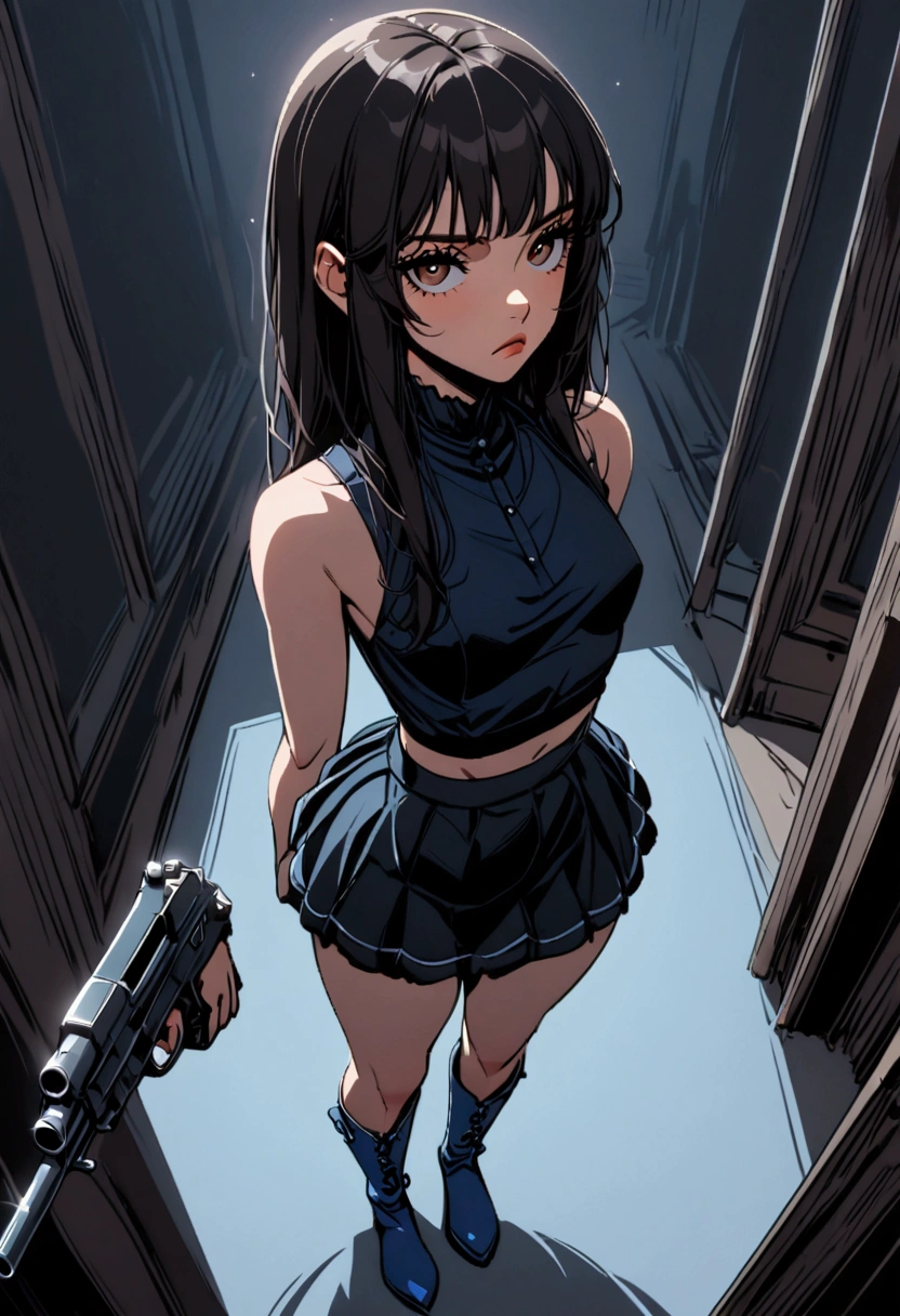 Woman with squirrel face, girl's body But with squirrel fur, slim, small tits, modest ass, brown eyes, Black hair with long, straight brown strands, dressed in sleeveless blue blouse showing her tits, Black chill skirt, blue boots, Full body, with gun, gun in first perspective