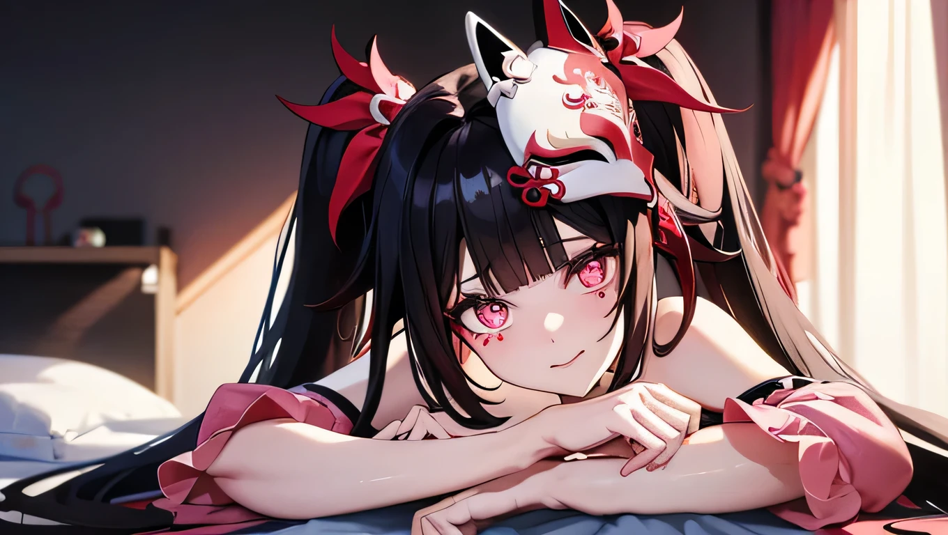 black hair, twin tails, fluorescent pink eyes with a light colored butterfly detail under her pupils, red, white-and-red Kitsune mask is at an angle on the top of her head, happy gaze, perfect body, wearing pajamas, on her bedroom, full body depiction, sfw, sit in front of you.