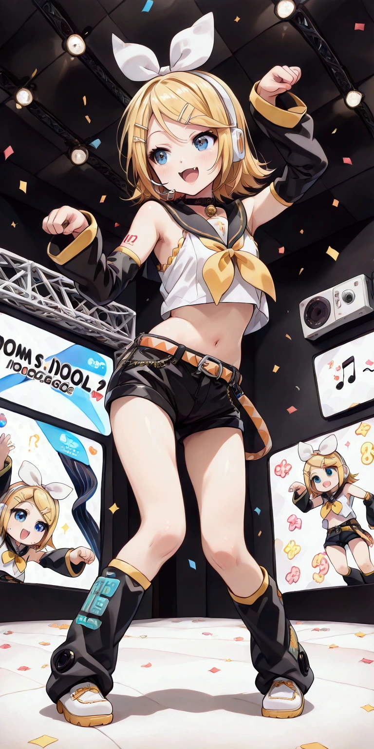 KAGAMINE RIN\(vocaloid\),solo,1female\(cute,kawaii,age of 10,KAGAMINE RIN\(vocaloid\),light yellow hair, short hair,red tattoo of numbers"02" on shoulder,(big white bow),sleeveless white shirt,detached black arm bell sleeves,(arm sleeves are black bell sleeves:1.2),belt,sailor collar,yellow wide tie,white headphones,black short pants,black knee high leg warmers,yellow key strap at belt,open shoulder,singing and dancing,(very cute pose:1.5),(korean idol pose:1.5),dynamic pose,(very cute big smile),looking away\), BREAK ,background\(live stage,colorful confetti,pastel color spotlights,(many colorful music note signs),many audience waving yellow glow sticks,\), BREAK ,quality\(8k,wallpaper of extremely detailed CG unit, ​masterpiece,hight resolution,top-quality,top-quality real texture skin,hyper realisitic,increase the resolution,RAW photos,best qualtiy,highly detailed,the wallpaper,cinematic lighting,ray trace,golden ratio\),RIN is so so cute,dynamic angle,long shot,wide shot,(aerial view:0.8)