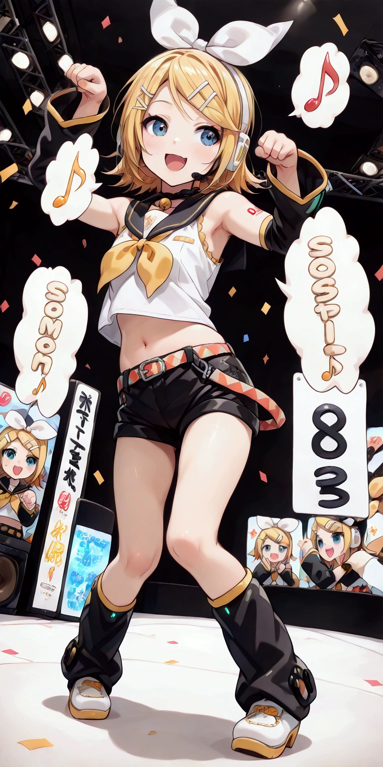 KAGAMINE RIN\(vocaloid\),solo,1female\(cute,kawaii,,KAGAMINE RIN\(vocaloid\),light yellow hair, short hair,red tattoo of numbers"02" on shoulder,(big white bow),sleeveless white shirt,detached black arm bell sleeves,(arm sleeves are black bell sleeves:1.2),belt,sailor collar,yellow wide tie,white headphones,black short pants,black knee high leg warmers,yellow key strap at belt,open shoulder,singing and dancing,(very cute pose:1.5),(korean idol pose:1.5),dynamic pose,(very cute big smile),looking away\), BREAK ,background\(live stage,colorful confetti,pastel color spotlights,(many colorful music note signs),many audience waving yellow glow sticks,\), BREAK ,quality\(8k,wallpaper of extremely detailed CG unit, ​masterpiece,hight resolution,top-quality,top-quality real texture skin,hyper realisitic,increase the resolution,RAW photos,best qualtiy,highly detailed,the wallpaper,cinematic lighting,ray trace,golden ratio\),RIN is so so cute,dynamic angle,long shot,wide shot,(aerial view:0.8)