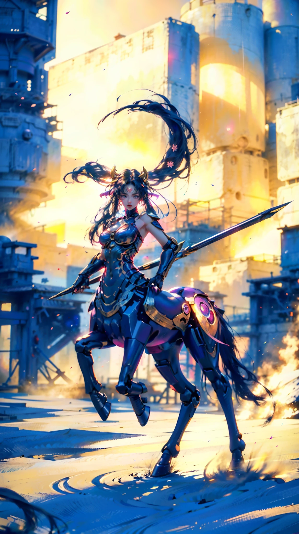 In a very grand scene,The extra-large wide-angle lens captures the appearance of a female centaur。She is tall,It has the ultimate curvy beauty,The muscles are slender and firm,Beautiful lines。Her facial features are tough and coquettish,Always with a sunny smile。She wears special tight-fitting equipment with a strong sense of technology,Step on multifunctional off-road style heels,Delicate and practical protective gear is worn on the hands, feet, wrists, neck and shoulders。The detection equipment around you flashes various cue lights and neon-like information screens,Let her exude a charming brilliance。Use Midjourney's advanced tools,Design special tight-fitting equipment for female centaurs,Highlight her unique physiological characteristics and appearance details,Add realism。And in her adventure scene,Spectacular views of nature,Such as the sky where storms and sunny days alternate、Brilliant rivers of stars and auroras、The snow-capped summit of Mount Everest、Fireworks in the mountain town, etc。ao mesmo tempo,Away from the hustle and bustle of Long Beach Pier is a neon-lit spaceship docked,Create a fantastic scene。Use Midjourney's advanced tools and multiple color palettes、Brush Strokes、Texture tools and model packages,It shows a sense of atmosphere where beauty and charm coexist。The charm of the female centaur is highlighted through color and lines,Enhance realism with detailing,Create a surreal dreamy feeling。Additionally,Use Midjourney's tools to add a variety of extreme sports gear and cultural trinkets to the female centaur,Create intricate hairstyles and outfits,Give her a sense of premium。She never flinches,Regardless of the terrain,can respond quickly,Even the extreme geography and dangerous terrain of aliens cannot stop her。Use Midjourney's powerful tools,You can do it with incredible detail and beauty,Bring this ultra-grand and beautiful scene to life。Ultra-grand scenes,super wide shot, hdr,(真实感,Masterpiece quality,best qualtiy),