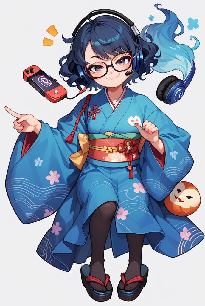 Japanese woman, one person, black wavy hair, semi-short hair, wearing glasses, Front facing, gaming headset, full body image, dark blue Japanese-kimono, icon, smug face, 