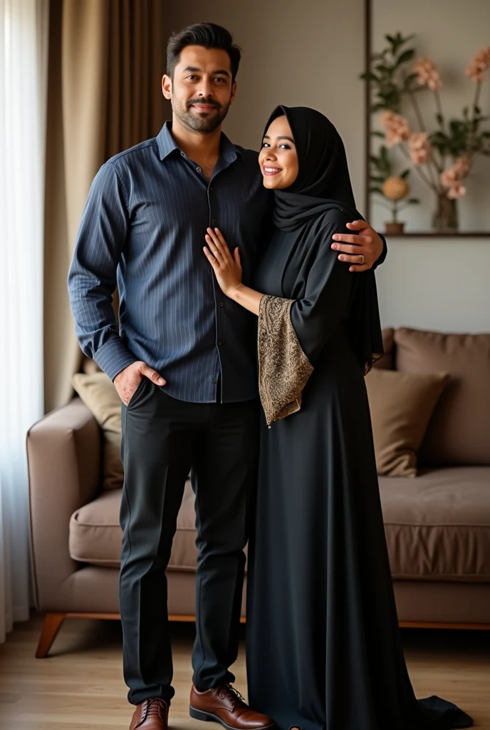 studio photo of a young Indonesian couple. full body, 32 year old husband with neat thin hair and a clean face wearing a suit, 30 year old wife wearing a hijab and abaya, detailed face, detailed clothes, living room background, bright lighting, bright sunlight, detailed background