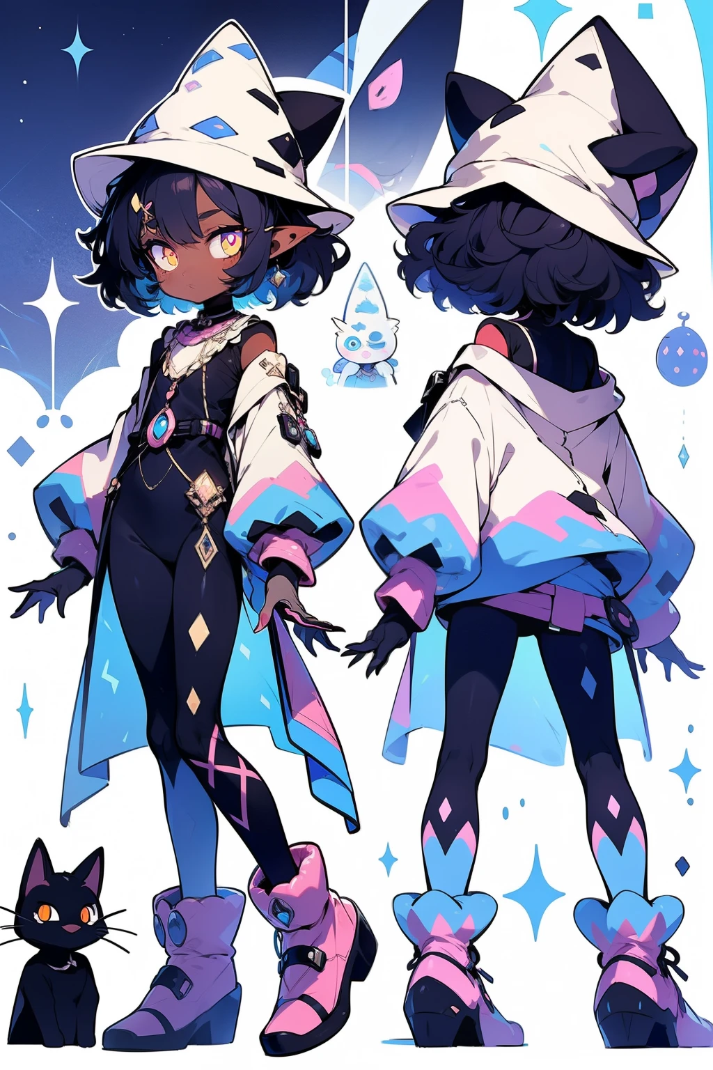 small humanoid cat like bipede creatures with void-like dark skin and glowing eyes, wearing colorful patterned cloaks and wide-brimmed magical hat
