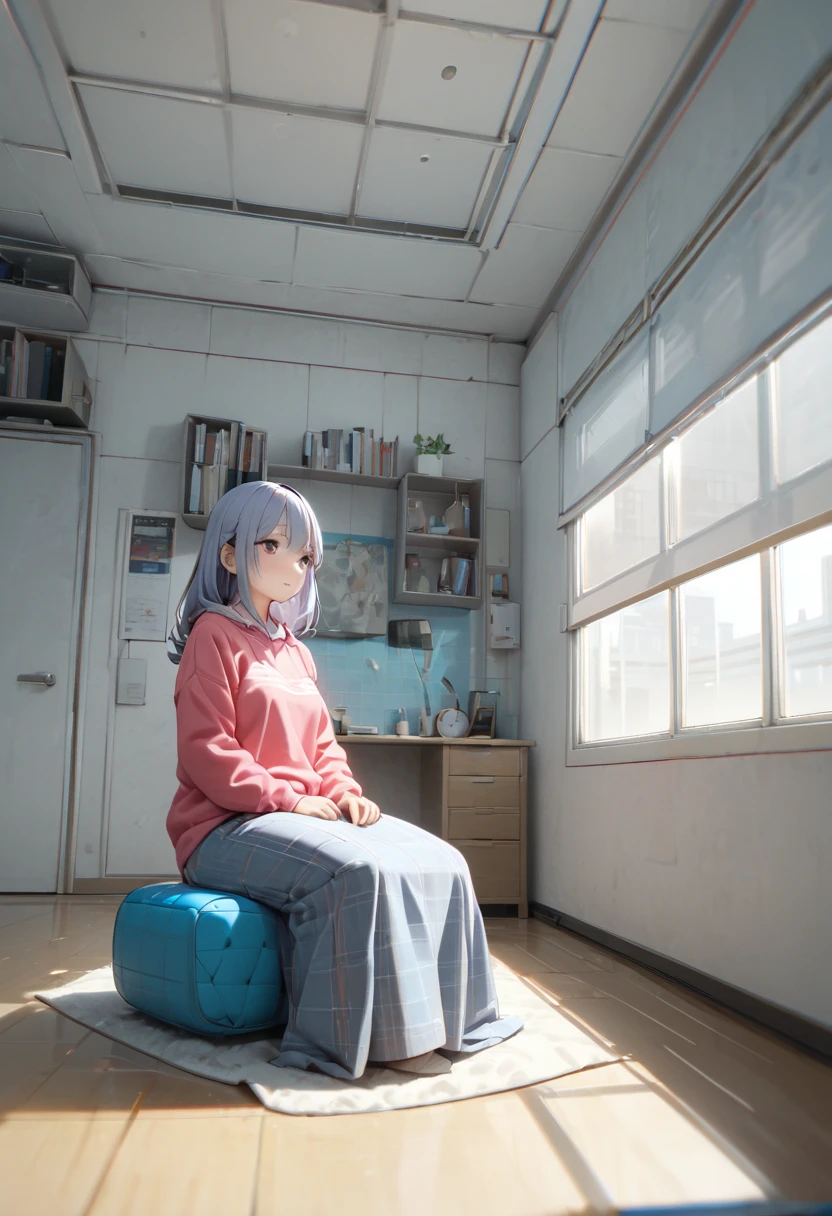  wide angle shot,indoor,A girl is sitting in the center, break ,masterpiece, accurate, anatomically correct, textured skin, super detail, award winning, 8k