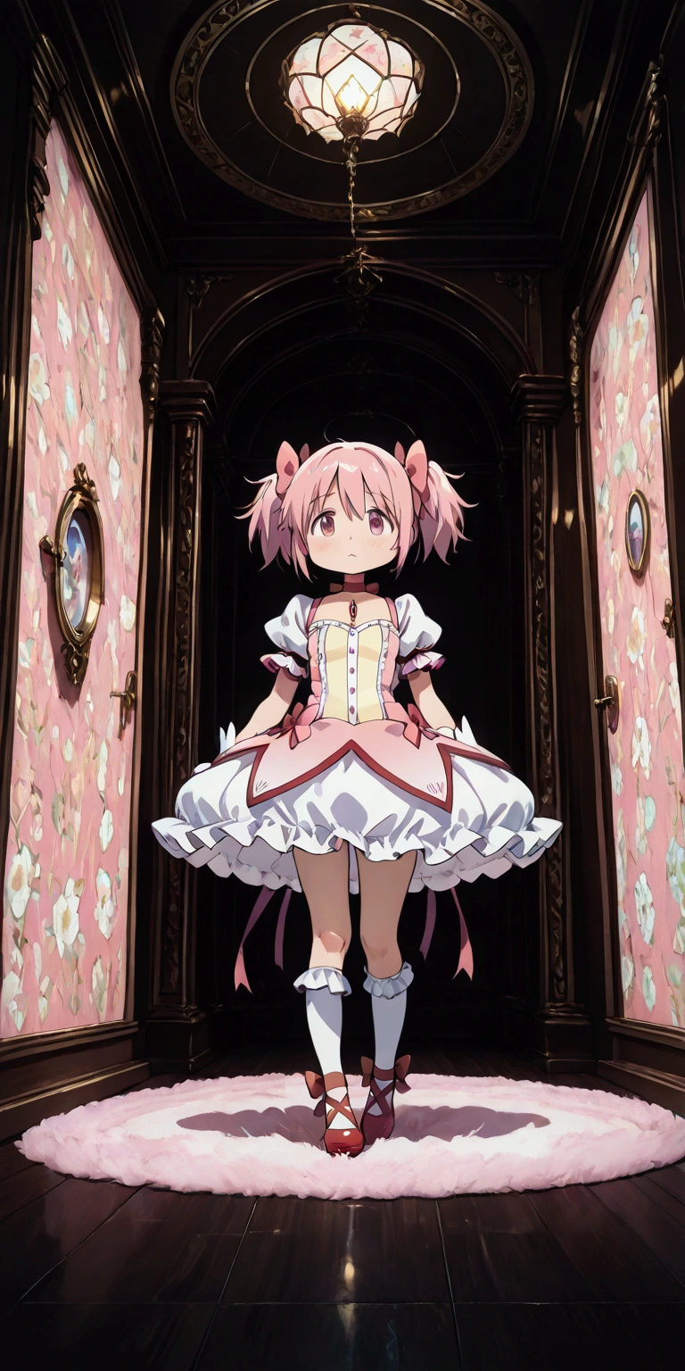 kaname_madoka\(Puella Magi Madoka Magica,(magical_girl costume:1.3),(chibi:0.5),pink short twin tails,bows,open shoulder dress with frill,backward ribbon at neck,white grove,red jewel at middle of clavicle\) is standing with confused face losting her way, showing full body to viewer,Kyubey is by her BREAK ,colorful and geometric and chaotic background of messy chaotic gothic shadow puppet castles,(in a very psychedelic nightmare), BREAK ,quality\(8k,wallpaper of extremely detailed CG unit, ​masterpiece,hight resolution,top-quality,top-quality real texture skin,hyper realisitic,increase the resolution,RAW photos,best qualtiy,highly detailed,the wallpaper,cinematic lighting,ray trace,golden ratio\),(long shot),wide shot,landscape,blured background,(art by Maurits Escher:1.3)