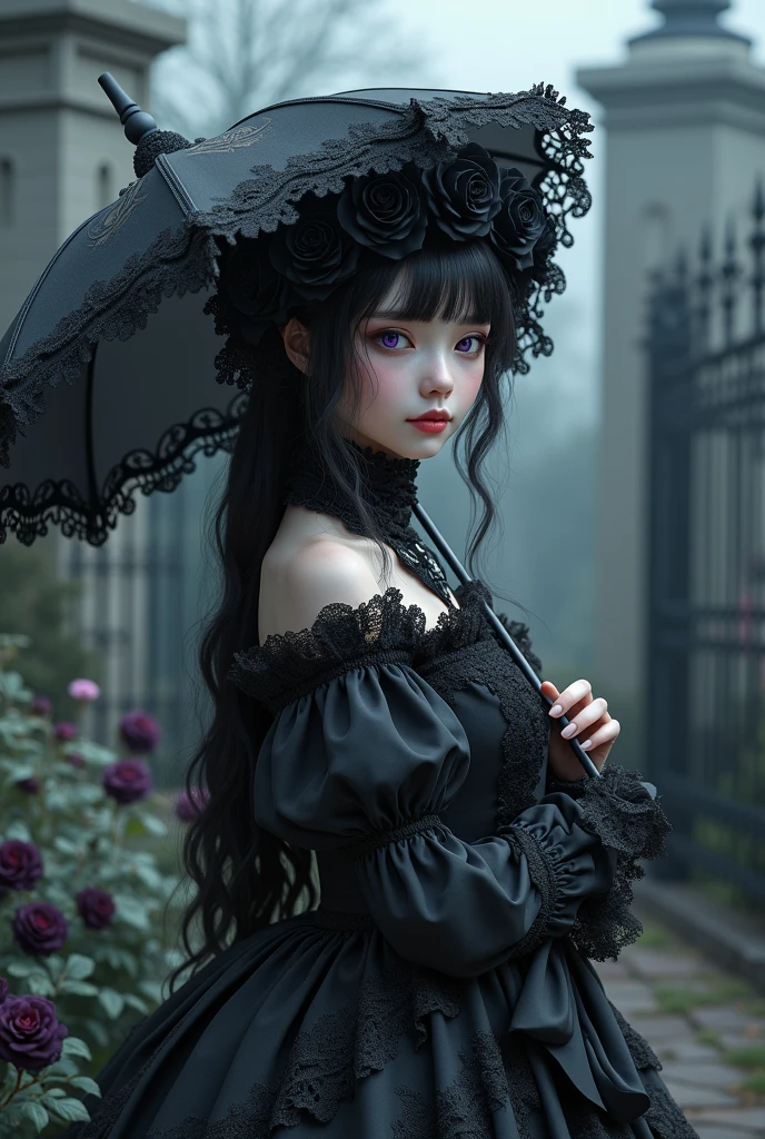 A woman in mourning clothes wearing a black bustle dress and a hat decorated with lace and cluster amaryllis on her head