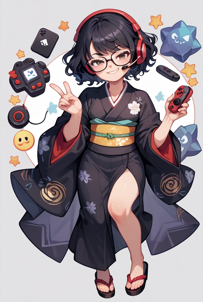 Japanese woman, one person, black wavy hair, semi-short hair, wearing glasses, Front facing, gaming headset, full body image, black Japanese-kimono, icon, smug face, 