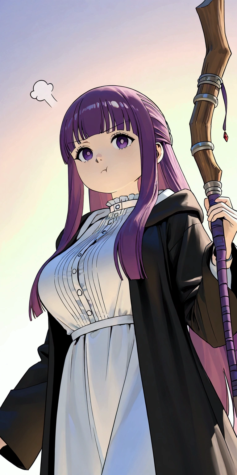 
solo,1girl,fern\(sousou no frieren\),long hair,purple eyes,purple hair,holding wand,bangs,long sleeves,white dress,shirt,wide sleeves, nurefpnxl, breasts,white dress, black coat,:t, pout.3d,(from below),close up of face,forrest,Open space. BREAK .quality\(8k,wallpaper of extremely detailed CG unit, high resolution, top-quality, top-quality real texture skin, hyper realistic, increase the resolution, RAW photos, best quality, highly detailed, the wallpaper, golden ratio, high saturation realism, vibrant colors, dramatic lighting, persuasive storytelling, atmospheric scenery, captivating visuals, intricate details, strong emotions, dreamlike world\)