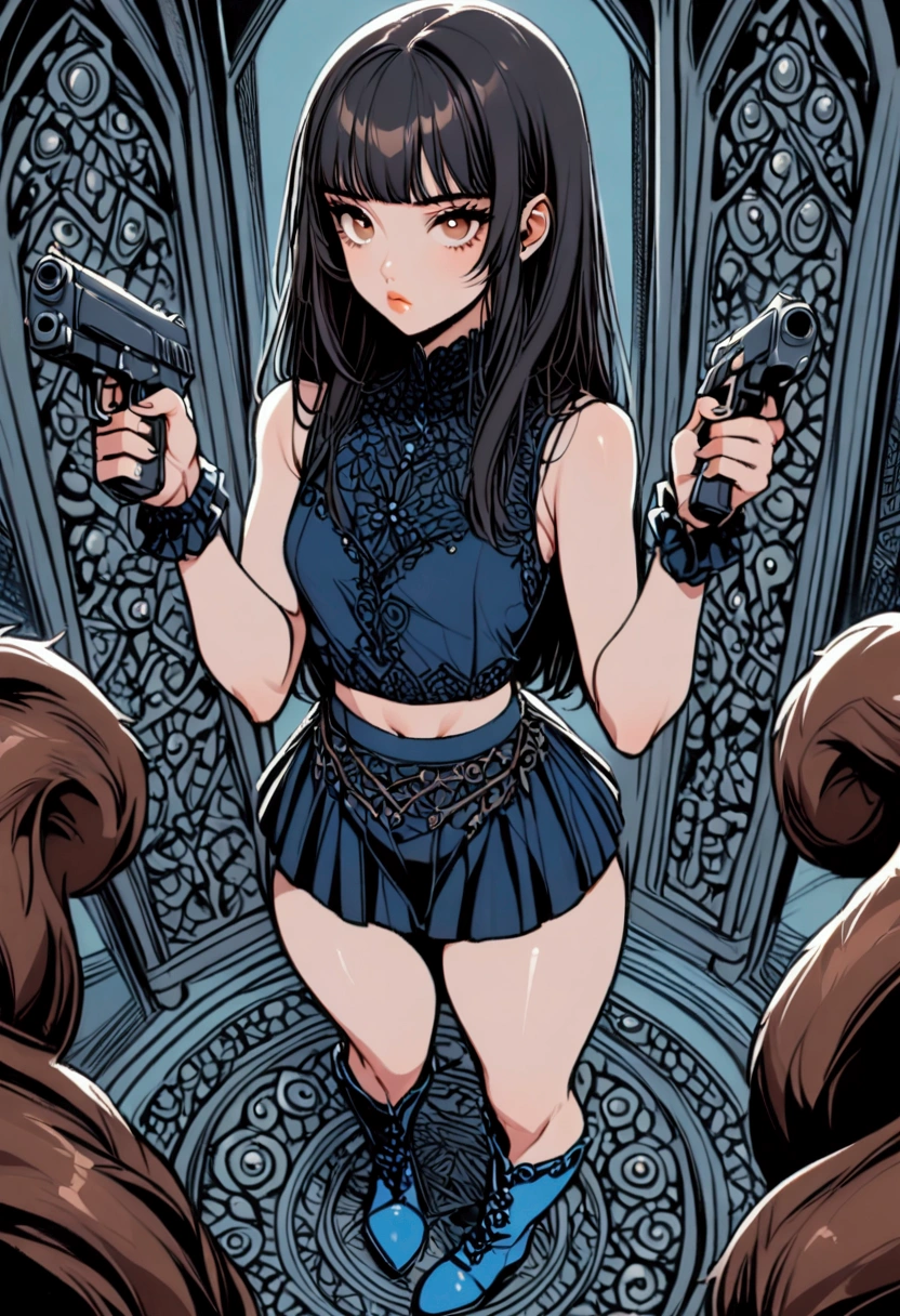 Woman with squirrel face, girl's body But with squirrel fur, slim, small tits, modest ass, brown eyes, Black hair with long, straight brown strands, dressed in sleeveless blue blouse showing her tits, Black chill skirt, blue boots, Full body, pointing a gun with both hands, the gun is in the foreground