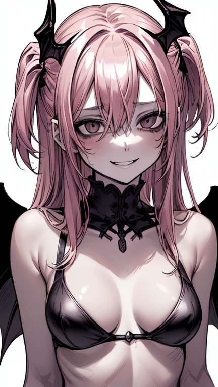 (Best Quality, Background Detail), High Contrast, Original Detail, Petite Physique, Waist Up, Seductive Glance, Cute Girl, Succubus, Pink Hair, Two Side Up, Bat Wings, Bat Headdress, Black Bikini, Real Breasts, Flat Breasts, Evil Smile, Smirking, Beautiful Line Art,. black and white