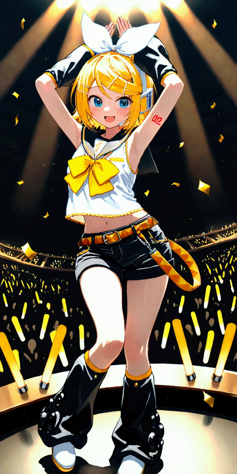 KAGAMINE RIN\(vocaloid\),solo,1female\(cute,kawaii,KAGAMINE RIN\(vocaloid\),light yellow hair, short hair,red tattoo of numbers"02" on shoulder,(big white bow),sleeveless white shirt,detached black arm bell sleeves,(arm sleeves are black bell sleeves:1.2),belt,sailor collar,yellow wide tie,white headphones,black short pants,black knee high leg warmers,yellow key strap at belt,open shoulder,singing and dancing,(very cute pose:1.5),(korean idol pose:1.5),dynamic pose,(very cute big smile),looking away\). BREAK .background\(live stage,colorful confetti,pastel color spotlights,(many colorful music note signs),many audience waving yellow glow sticks,\), BREAK ,quality\(8k,wallpaper of extremely detailed CG unit, ​masterpiece,hight resolution,top-quality,top-quality real texture skin,hyper realisitic,increase the resolution,RAW photos,best qualtiy,highly detailed,the wallpaper,cinematic lighting,ray trace,golden ratio\),RIN is so so cute,dynamic angle,long shot,wide shot,(aerial view:0.8)