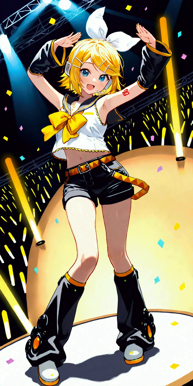 KAGAMINE RIN\(vocaloid\),solo,1female\(cute,kawaii,KAGAMINE RIN\(vocaloid\),light yellow hair, short hair,red tattoo of numbers"02" on shoulder,(big white bow),sleeveless white shirt,detached black arm bell sleeves,(arm sleeves are black bell sleeves:1.2),belt,sailor collar,yellow wide tie,white headphones,black short pants,black knee high leg warmers,yellow key strap at belt,open shoulder,singing and dancing,(very cute pose:1.5),(korean idol pose:1.5),dynamic pose,(very cute big smile),looking away\). BREAK .background\(live stage,colorful confetti,pastel color spotlights,(many colorful music note signs),many audience waving yellow glow sticks,\), BREAK ,quality\(8k,wallpaper of extremely detailed CG unit, ​masterpiece,hight resolution,top-quality,top-quality real texture skin,hyper realisitic,increase the resolution,RAW photos,best qualtiy,highly detailed,the wallpaper,cinematic lighting,ray trace,golden ratio\),RIN is so so cute,dynamic angle,long shot,wide shot,(aerial view:0.8)