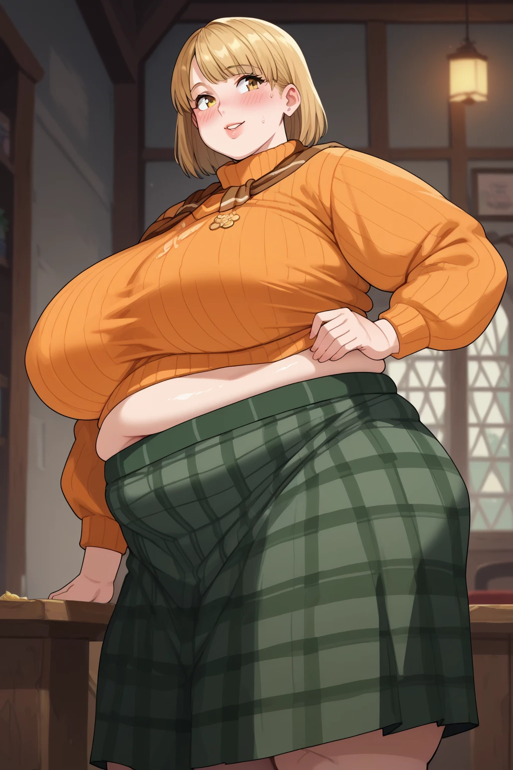 Ashley Graham , ashley graham,　 shortcuts,　 orange sweater ,  miniskirt,  green plaid skirt,  Long Sleeve ,  yellow eyes, Thighs,  Golden Hair ,  score_9,   score_8_up,   score_7_up,   score_6_up,   score_5_up,   score_4_up,     Masterpiece  ,   top quality,   Very Aesthetic,   absurd,   source_Anime, Anime screencap,   one woman , Alone,  personal  ,  Super huge breasts, ((( super huge clevis, Super huge , Super huge boob))), Curvy,  chubby, Mature Woman,  obese body type, blush,  troubled expression,  belly fat sticking out of clothes,　 sloppy stomach , A woman wearing a skirt , puzzled expressions,A woman with a sticky butt